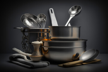 Cooking tools in a isolated dark background, generative ai