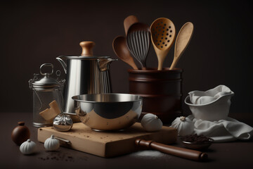Cooking tools in a isolated dark background, generative ai