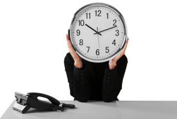 Businesswoman holding big clock isolated on white background