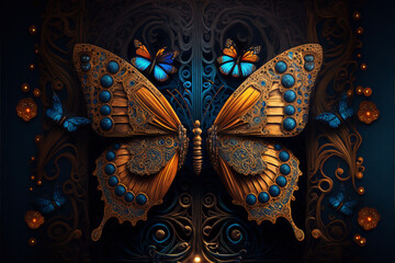 Naklejka na ściany i meble a close up of a butterfly on a blue background. generative ai.