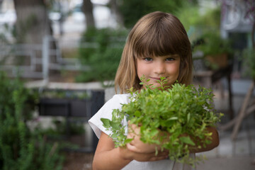 child girl holding pot with mixed green fresh aromatic herbs in garden near the house. enjoy the little things. favorite family hobby. Eco-friendly. 