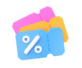 Discount coupon 3d render icon - sale promo label, price tag with percent