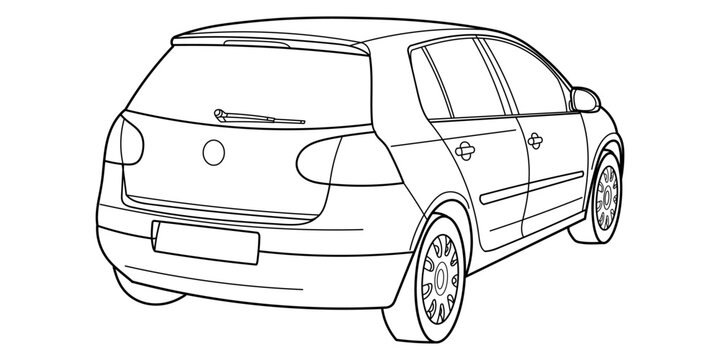 Outline drawing of a hatchback car from side view. Classic style. Vector outline doodle illustration. Design for print or color book