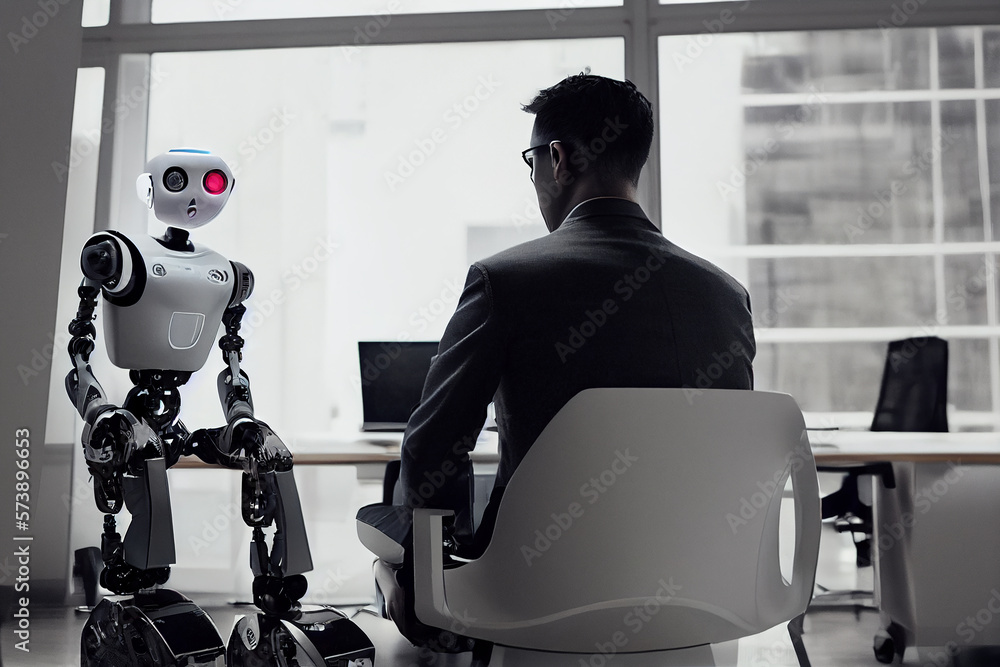 Wall mural ai artificial intelligence or humanoid robot talking to human consult and advise wisely project deve