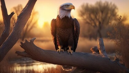  a bald eagle perched on a tree branch in a marshy area at sunset with the sun setting in the distance behind the tree branch.  generative ai