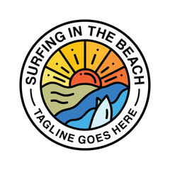 Colorful Surfing Monoline Logo Surf Wave Ocean Vintage Emblem Vector Design badge illustration Symbol Icon