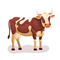 Cute cow vector flat illustration isolated on white background. Farm animal happy cow cartoon character. Colorful farm animal cow character