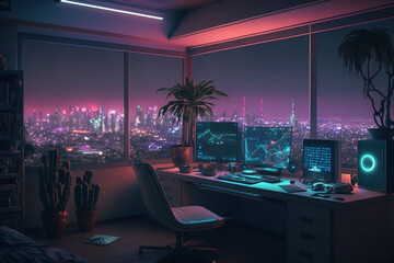 a beautiful skyline view at night from retro futuristic home office with multiple computer screen, home working/gaming  location, ai generative illustration