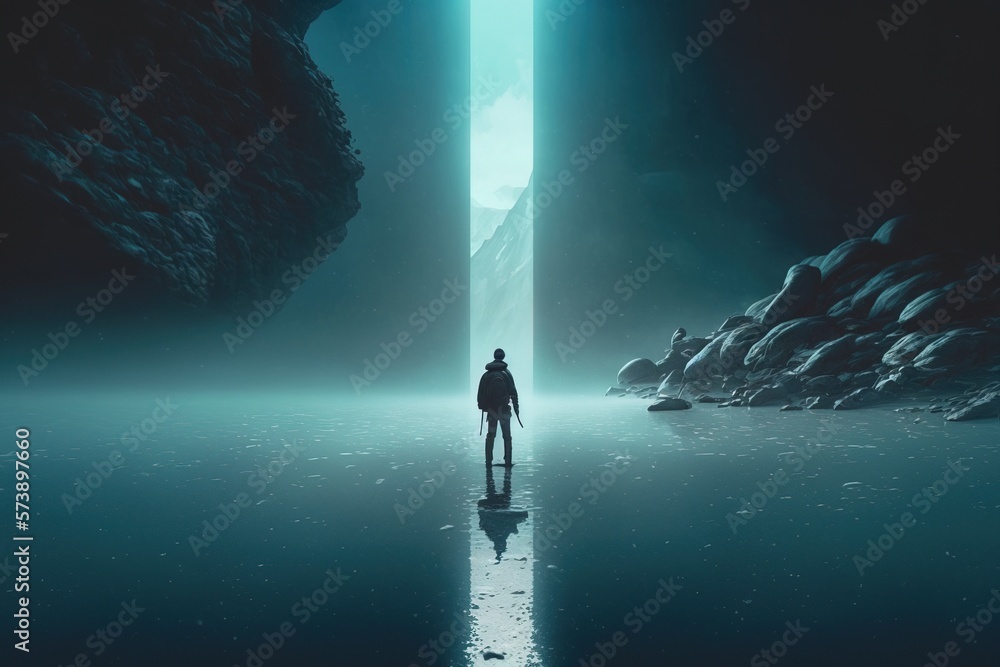Poster a man standing in a dark cave with a light at the end of the tunnel dim volumetric lighting a 3d ren