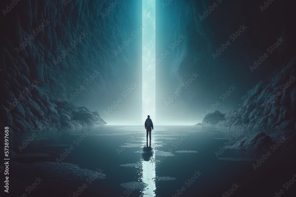 Aufkleber a man standing in a dark cave looking at a light at the end of the tunnel liminal space a 3d render 