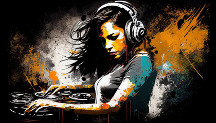 Woman dj listening to music at the music session in a club. Ai generated.