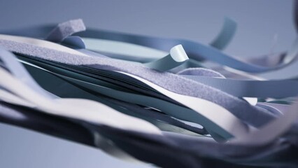 3d render animation azure light blue cut ribbons textile moving waving lines cloth fabric satin silk leather layers abstract modern business fashion AI background motion design concert promo wallpaper