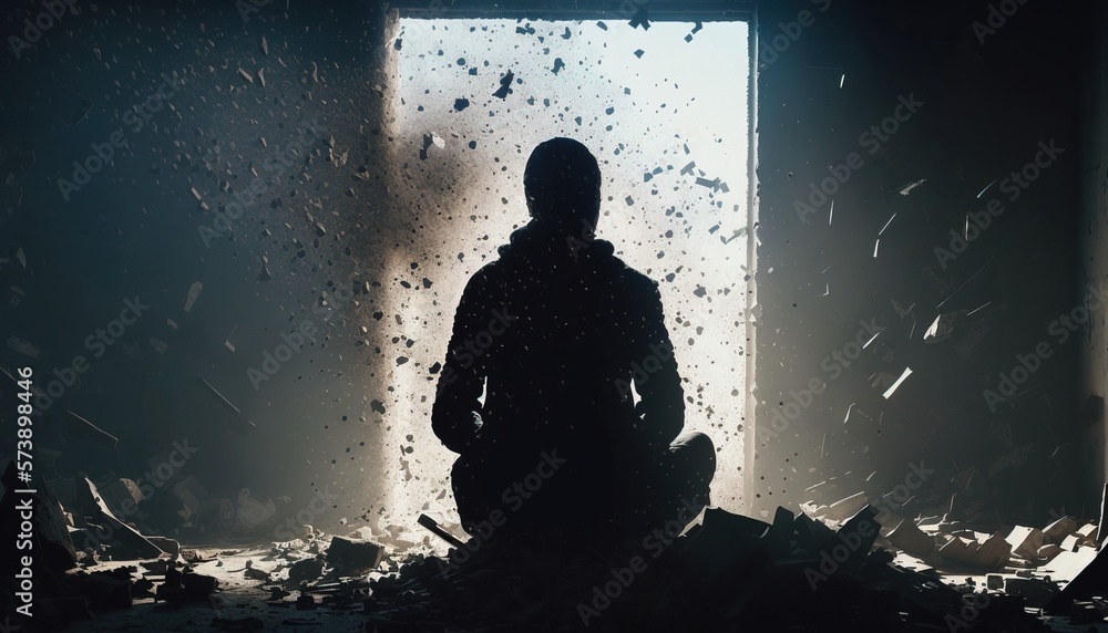 Poster a person standing in a room with a window in the background and debris everywhere around explosions 