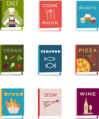 Illustrated covers of cook books, recipe books. Set of books about cooking, food and drinks. Pizza, bread, wine, vegatables, chef, desserts, sushi. Vector illustration. Front view of book