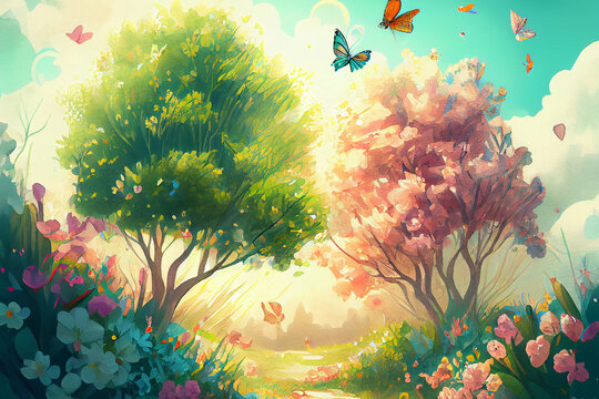 A spring scene featuring colorful flowers, blooming trees, and a clear blue sky, generative ai