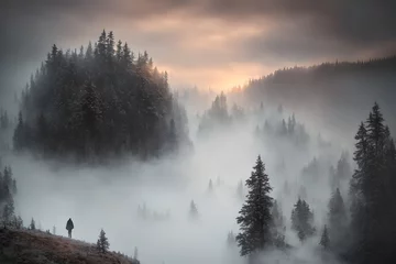 Crédence en verre imprimé Forêt dans le brouillard Beautiful frozen northern landscape with lonely person silhouette at sunset during bliszard, AI generated