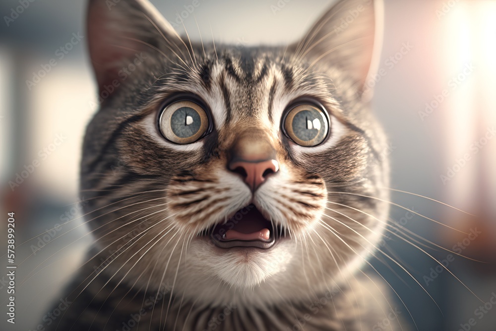 Poster a cat with its mouth open and eyes wide open looking at the camera with a surprised look on its face