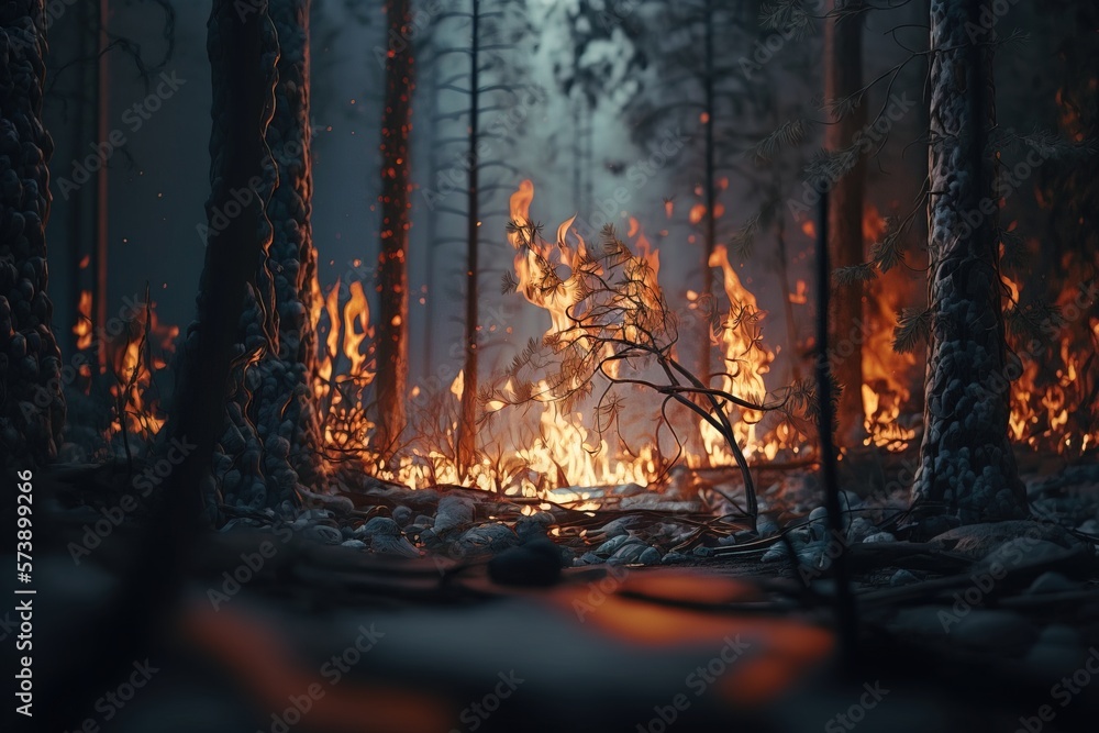 Poster a fire blazing in a forest with lots of trees and rocks around it and a lot of rocks around it octan