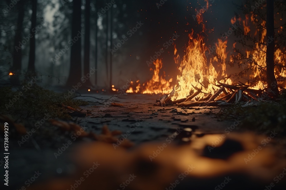 Poster a fire blazing in the middle of a forest with lots of trees in the background octane renderer concep