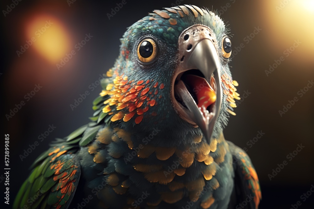 Aufkleber a colorful bird with its mouth open and a light in the background is shining brightly ultra realisti