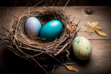 Easter eggs in a nest on a wooden table. Christian Easter concept. Generative AI