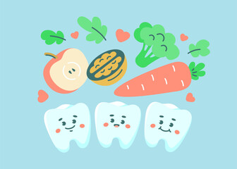 Cute teeth and healthy food. Dental friendly diet concept.