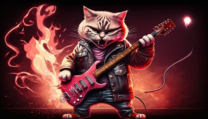  a cat wearing a leather jacket and holding a red electric guitar in its right hand and a red flame behind it, on a black background.  generative ai
