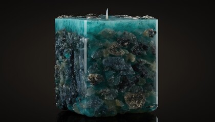  a candle that has some kind of rock inside of it on a black surface with a reflection of the candle on the surface and a black background.  generative ai