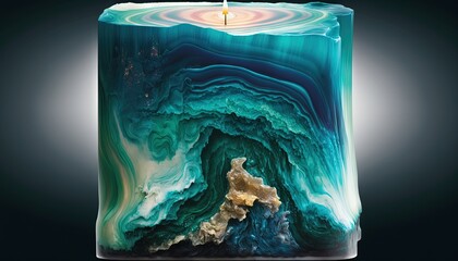  a candle with a blue and green swirl design on the top of it and a light in the middle of the candle that is lit.  generative ai