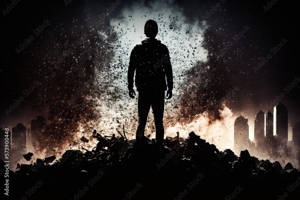 Fototapete a man standing in front of a pile of rubble in the dark with a city in the background dystopian art 