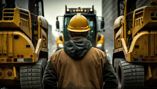  a man wearing a hard hat standing in front of two large construction vehicles in a warehouse area with other trucks in the background and one man in the foreground.  generative ai