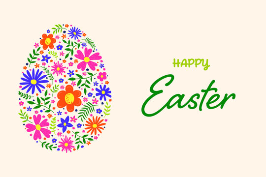 Colourful Easter egg with hand drawn flowers. Concept of a greeting card. Vector illustration