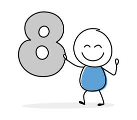 Funny concept with a stickman holding number eight icon. Cartoon style design for a business presentation. Vector illustration