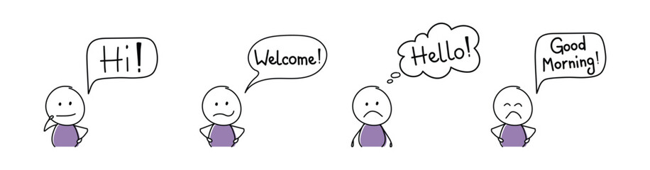 Unhappy hand drawn character with greeting - welcome, hello, hi, good morning. Vector