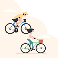 Man and Woman couple riding bicycles flat