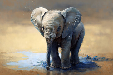 Fototapeta na wymiar Baby elephant playing in mud, oil paint style, pale neutral colors, blue tones, vintage. Generative AI.