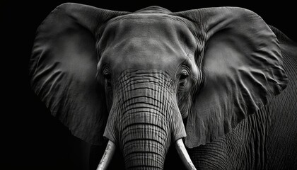  a black and white photo of an elephant with tusks and tusks on it's ears and tusks, with a black background.  generative ai