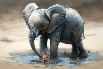 Baby elephant playing in mud, oil paint style, pale neutral colors, blue tones, vintage. Generative AI.