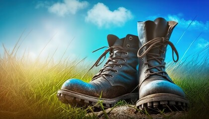  a pair of boots sitting on top of a lush green field next to a blue sky with clouds in the background and grass in the foreground.  generative ai