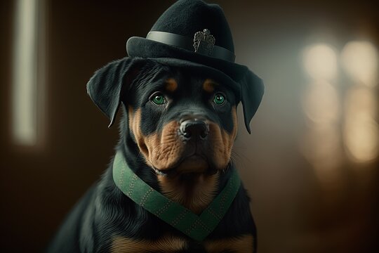 Rottweiler dog Irish hat on st patrick's day with Generative AI