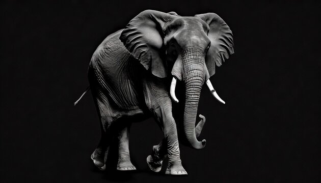  a black and white photo of an elephant with tusks and tusks on it's head and tusks on its back.  generative ai
