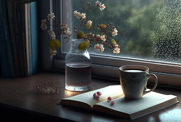 Still life with an open book and cherry blossoms in a vase on a windowsill, rany day, generative ai