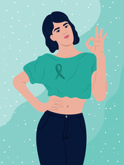 Ovarian Cancer Awareness Month in England. Ovarian Cancer Awareness Ribbon. A woman and a symbol of health. Vector flat illustration