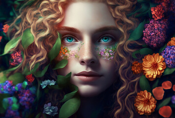 Portrait of a  sensual young woman in a swirl of colorful flowers, generative ai