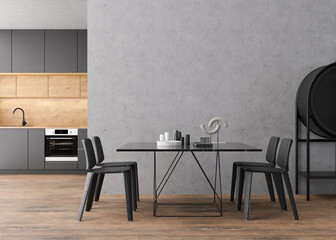 Interior mock up, loft style. Empty concrete wall in modern room. Copy space for your artwork, picture, poster. Industrial style interior design. Apartment or hotel room. 3D rendering.