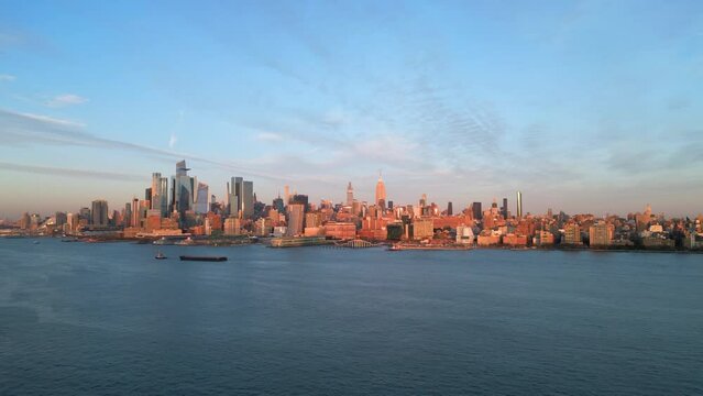 Skyline of Manhattan and Hudson River on sunset - drone photography