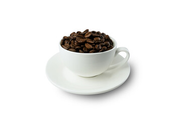 White cup with fragrant natural coffee beans isolated on white background. The concept of making natural coffee. Close-up.