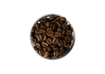 Fototapeta premium Coffee beans in a glass bowl isolated on white background. Close-up. Top view.