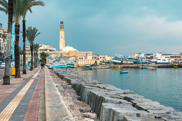Corniche of Alexandria, the seconds largest city in Egypt. Traditional Egyptian Architecture. Africa. - obrazy, fototapety, plakaty