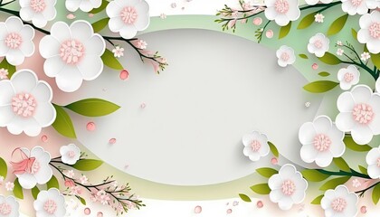  a white and pink flowered background with leaves and flowers on a white background with a green border and a white circle with pink and white flowers.  generative ai